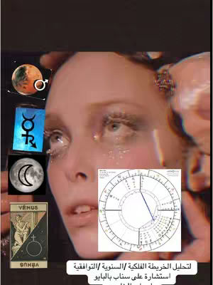 A close-up of a woman's face with tears and superimposed astrological symbols. She is looking slightly upwards with a chart and tarot card beside. The background is blurred, focusing attention on her face.