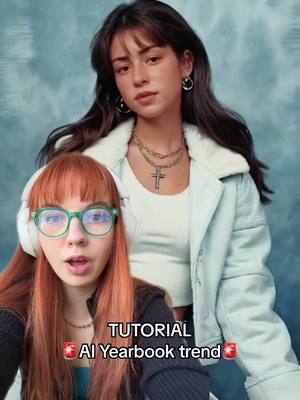 A cover image features two young women. The main focus is on a woman with long, auburn hair, wearing eyeglasses and headphones. She's positioned in the foreground and seems to be speaking. Behind her, another woman with dark hair and a white jacket poses, appearing to be the subject of an AI-generated yearbook trend. The background has a blurry, light-blue tint.