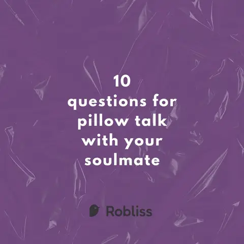 The cover image features a textured purple background overlaid with crumpled translucent material. Centered on the image is white text announcing "10 questions for pillow talk with your soulmate". A small, stylized bird graphic and the word "Robliss" are at the bottom.