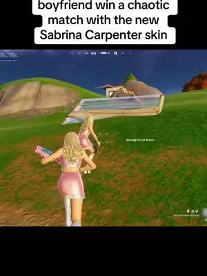 The cover image shows a third-person view of a Fortnite game. Two female characters with blonde hair and pink outfits are running on a green, grassy landscape.  There's a blue pool and some rock formations in the background.  The main text overlay reads, 'boyfriend win a chaotic match with the new Sabrina Carpenter skin'.