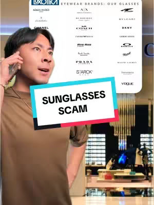 A man is on a call with glasses brands behind him and a text overlay on top.