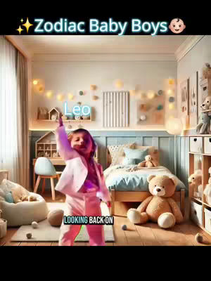 The image showcases a child in a bedroom setting, dressed in a pink outfit, raising one arm. Text overlays detail astrological themes.
