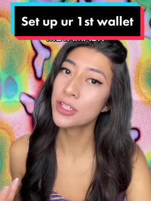 A woman with dark hair and makeup stares directly at the camera, with text overlayed on the top of the screen. The background is a colorful, abstract pattern. The bottom of the screen has a blurred-out, multicolor style.