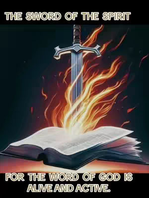 An artistic image depicting the open pages of a book with a sword piercing through the open pages surrounded by flames. The backdrop is a dark gradient of blacks and browns.