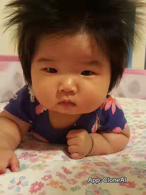A baby with messy black hair is shown lying on a floral patterned bedspread. The baby is looking at the camera and has a little smirk.