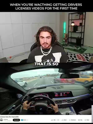 The cover image is a split-screen. The top half shows a person, presumably the video creator, sitting in a room with a neutral background, wearing a black t-shirt with a white graphic and a silver necklace. The bottom half presents a first-person view of driving a car on a highway, with the steering wheel and dashboard clearly visible. The upper portion of the image has the text overlay in white font.