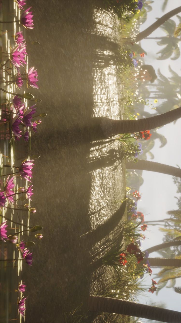 The image portrays a tranquil waterscape scene. In the foreground, vibrant pink lotus flowers with green stems are arranged along the left edge. The water's surface reflects a soft golden light that filters through the scene. Rising in the background are several palm trees. The overall composition evokes a sense of peace and natural beauty, with a warm color palette.