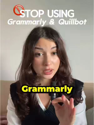A young woman with long, dark hair, wearing a black top and a white shirt, looks directly at the camera while holding a microphone. Above her, text in white and a red circle with a line appears. A yellow highlighted text box with text that says "Grammarly" appears below her.