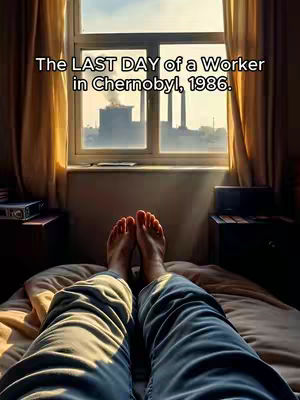 A first-person view from inside a room with a window looking out onto a city, likely Pripyat. The POV is from the person's feet as they are lying on a bed. The person has jeans on, the bedsheets are a light color, and the window's view is of the city in the distance. Text overlayed at the top of the screen, with the title of the video.