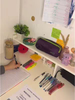 A well-lit image of a student's desk, showcasing study materials and decor. The desk is white, with items like notebooks, pens, sticky notes, and a small plant arranged on it. A hand holding a pen and writing in a notebook is visible in the bottom left corner.