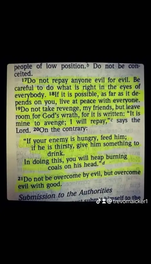 The image shows a close-up of a Bible page with highlighted verses. The text is in a serif font, with certain passages highlighted in yellow. The layout includes text paragraphs and a clear font on an off-white background.