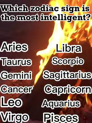 The cover features a background of flames with text overlaid in a blocky, sans-serif font. The primary question asked on the cover image if which zodiac sign is the most intelligent with lists of zodiac signs on each side with the sign names.