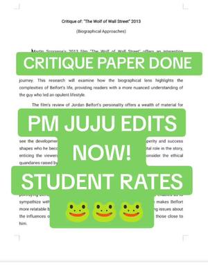 The image displays a white document with text and brightly colored green rectangular overlays. These green overlays contain text such as Critique Paper Done PM Juju Edits Now! and Student Rates. The image looks like a academic paper, some frog emojis are placed at the bottom.