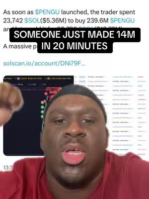 A man with short dark hair and a dark headband stares directly at the camera with a surprised expression. Behind him is a screenshot of a trading platform on a screen, charts and numbers are visible. A text overlay states "SOMEONE JUST MADE 14M IN 20 MINUTES".