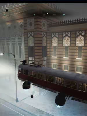 A rendered image of a city street scene in a video game. A red and grey tram is suspended in the air in the foreground with fog or smog in the environment. A tall building with ornate details and windows lines the right side of the image. A streetlight is on the left side. There is an overlay on the top left with a small circle containing text and another on the top right.