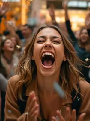 A woman with open mouth, raised hands, in crowd cheering
