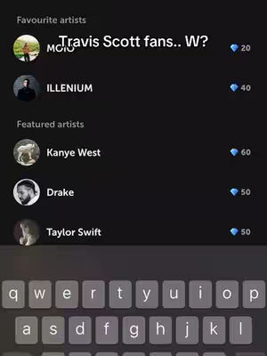 The image shows a dark interface of an app. It displays a list of favorite and featured artists, with related details. Above the list, a text overlay asks, "Travis Scott fans.. W?"