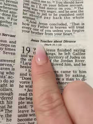 The image shows a hand pointing to a passage in the Bible. Text on the page reads, "Jesus Teaches about Divorce," with the verse reference (Mark 10:1-12) below.