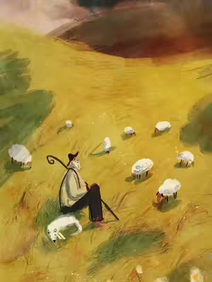 An illustrated scene of a shepherd sitting in a grassy field. The shepherd is wearing a hat, a coat and black pants, and holding a staff. Sheep surround the shepherd. Colors are muted with a warm sunlight mood.