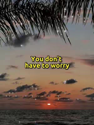 A scenic sunset over the ocean with palm tree leaves in the upper portion of the image. The sky transitions from a deep orange near the horizon to lighter hues above, with dark clouds scattered throughout. The text overlayed on the image says: 'You don't have to worry'.