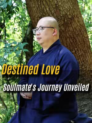 A man with glasses in a blue shirt is sitting outside with green foliage behind him and a large tree trunk to his right. Text that says "Destined Love" in yellow and "Soulmate's Journey Unveiled" in white are overlaid on the image.