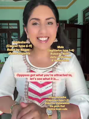A woman with dark hair and a white top with red accents is smiling at the camera. Text overlays name and details of astrological signs.