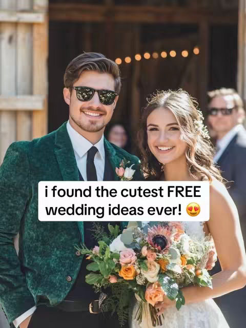 A couple, the man wearing sunglasses and a green jacket, the woman in a white dress, smiling, holding a bouquet of flowers. Text overlay indicates a message about free wedding ideas.