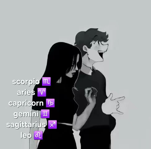 The cover image is a grayscale illustration featuring two cartoon figures. A person with long dark hair stands looking down with a slight melancholy expression. Beside them, a figure with short dark hair and a broad smile is laughing and gesturing with one hand. To the left of the figures are listed names of zodiac signs, and their symbols in a gradient purple color. The background is a simple, light gray.