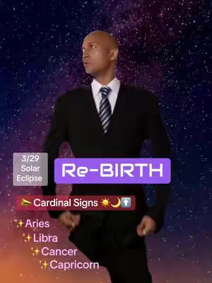 A man in a black suit stands against a starry background. Text overlays indicate a solar eclipse and the phrase "Re-BIRTH" with astrological references.