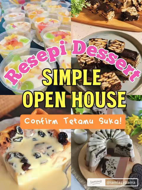 The cover image is a collage showcasing various desserts with text overlays. The image is divided into quadrants, each containing different desserts such as layered snacks, slices of cake, and other sweet treats. The colour palette is vibrant, employing a mix of colours such as pinks, yellows, and browns, with the desserts adding hues of white and cream. The layout is designed to entice viewers with a presentation of the desserts.