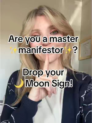 A selfie-style video cover featuring a woman with long blonde hair, styled with a side part. She has pale skin, a light complexion, and is wearing a dark colored cardigan. Her right index finger is placed in front of her lips, as if she is shushing someone. The background is blurred. The overlay text in white creates an engaging hook highlighting the core theme of the content. A simple crescent moon graphic is included, reinforcing the astrological theme.