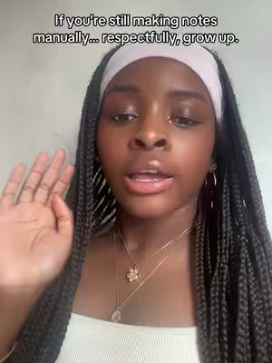 A young woman with dark skin and long, braided hair is shown from the chest up, against a blurry, white background. She wears a white headband and a scoop-neck top, with layered necklaces. Her left hand is raised, palm towards the viewer. The text overlay suggests she delivers a strong message, wearing natural makeup, including a pink lip. The lighting appears to be soft.