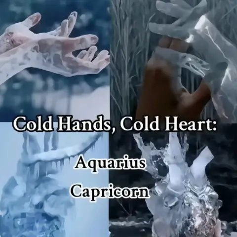 The image is divided into four quadrants. Each quadrant contains a visual with cold-themed elements, like hands covered in ice or icy structures. The top left shows hands with ice or frost on them. The top right showcases hands shaped like translucent ice. The bottom left shows an icy, abstract form. The bottom right forms a heart-shaped structure made of ice. Overlayed in a lower portion of the image is the text: Cold Hands, Cold Heart: Aquarius Capricorn. The image has a cool color palette including shades of blue and white.
