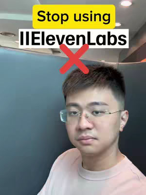 A selfie-style image with a man in the foreground. A yellow rectangular banner with the text 'Stop using' sits at the top-left, while the bold text 'IIElevenLabs' forms the main subject with a red 'X' superimposed. The man wears glasses, and the background has a dark blue.