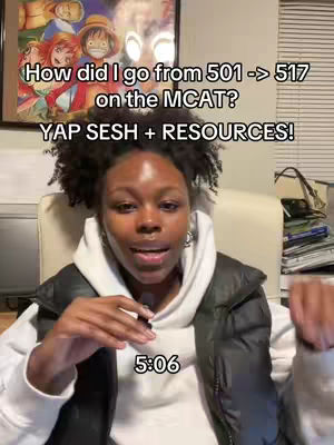 The cover image shows a woman centered in the frame addressing the viewer. Behind her is an image of characters. The video overlay features text about the MCAT.