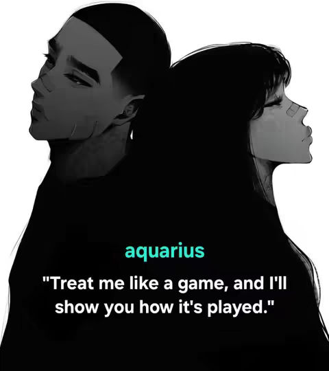 An artistic image depicts two grayscale figures, likely stylized representations of a man and a woman, positioned back-to-back. They appear to be in profile, with only their silhouettes and some facial details visible. In the center there's text saying "aquarius" in teal color, and below it, a direct quote. The overall aesthetic is dramatic and somewhat mysterious.