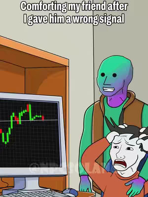 An animated meme depicting two characters in a room. One character, with a green and purple face, is comforting another with a stressed expression and hands on their head. A computer screen displays a graph of financial trading data.