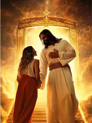 A digital artwork depicts a golden, ornate archway, suggesting a celestial entrance. Jesus, with flowing dark hair and a beard, stands on the right, dressed in a white robe with a brown sash. He holds the hand of a woman in a red dress. They stand facing each other, with a backdrop of a golden stairway and a bright, celestial glow, implying paradise or a heavenly realm.