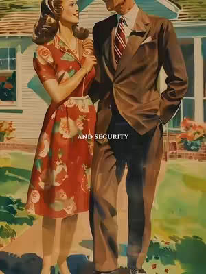 The cover image features a vintage-style illustration of a man and a woman, dressed in attire reminiscent of the mid-20th century, standing in front of a house. The woman, in a red floral dress is holding a small object and looking at the man, while the man, in a brown suit, looks down. The background has a green lawn, house and two flowerbeds, the warm color palette give it the impression of a painting.