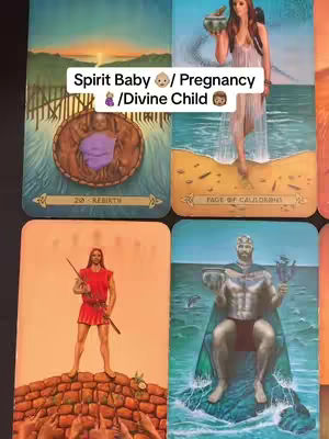 The image is a set of tarot cards. The top left card has a setting with a sunset, brown basket with a purple figure inside. The top right card has a woman by the sea holding a pot. The card on the bottom left has a person holding a spear. The bottom right shows a king on the water with a green cape.