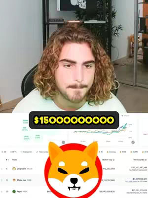 The image shows a man with curly hair in front of a screen. On the screen are graphs and data about meme coins. A banner with the number 15000000000 is overlayed on the man. The image also includes the Shiba Inu logo.