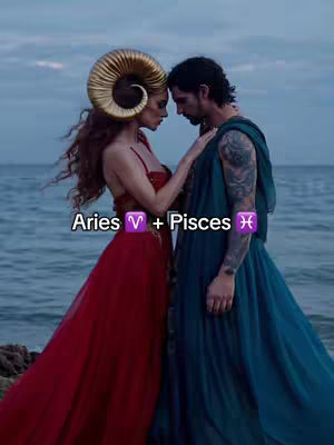 A fantasy-styled image featuring a man and a woman standing close together, facing each other intimately. The woman on the left wears a long red dress and a golden ram horn headpiece. The man, on the right, wears a teal-colored, draped garment. They are in front of a blurred background that appears to be an ocean scene.