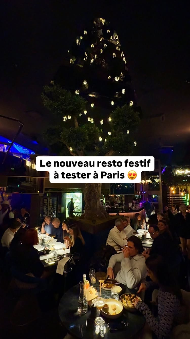 The image showcases a dimly lit restaurant interior with numerous tables occupied by patrons. A large, decorative tree with lights stands prominently in the center, enhancing the festive atmosphere. The overall composition is dark with a warm, inviting ambiance created by the lighting.