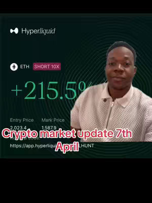 The cover image features a man in a white polo shirt centered, with a split-screen graphic showing crypto market data. The graphic on the left is dark green with curved lines and the Hyperliquid logo, along with ETH details and a highlighted gain of +215.5%. Text overlays include update information and the date.