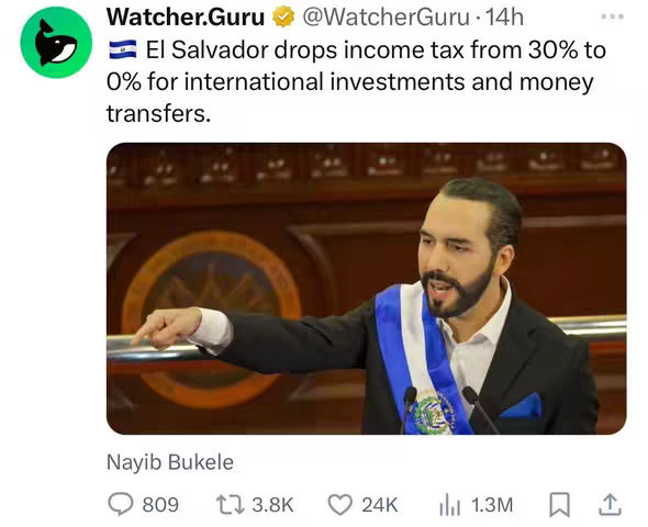 The image is a screenshot of a video featuring Nayib Bukele. He is a light-skinned man with short, slicked-back dark hair, and a well-groomed beard. He's wearing a dark suit with a white shirt and has a distinctive blue and white ribbon draped over his shoulder, likely a presidential sash. He's gesturing with his right hand toward the bottom left of the frame, his expression serious. The backdrop is a large, ornate wooden panel.