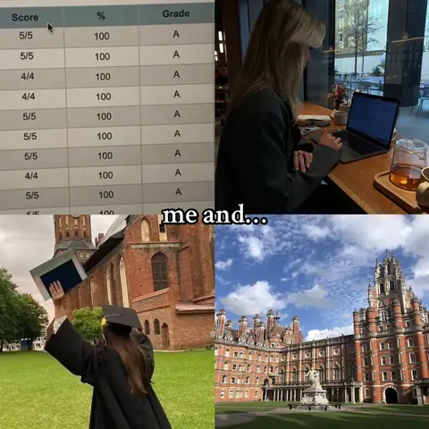 The cover image is a collage featuring four snapshots. The upper-left quadrant displays a screenshot of a spreadsheet showing exam scores, all of which are 'A'. The upper-right shows a person with blonde hair working on a laptop at a cafe. The bottom left shows a woman throwing a graduation cap in front of a church/university building and the bottom right displays a wide shot of a grand building, likely a college campus.