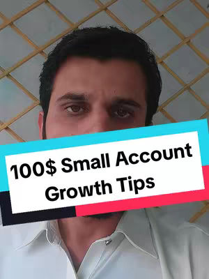 A man with dark hair and a beard is the primary focus. He is wearing a white shirt. Overlay text in a rectangular box reads "100$ Small Account Growth Tips". The background is a light yellow, possibly a wall.