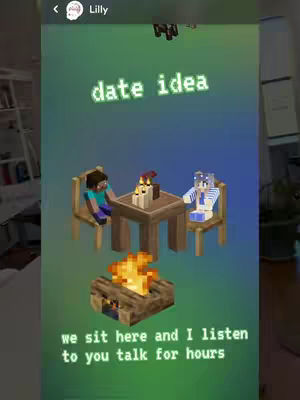 The image features a Minecraft-themed date scene. Two pixelated figures, seemingly male and female, sit at a table with lit candles. A campfire burns below, set against a gradient teal and green backdrop. Text overlays read 'date idea' and a caption about the interaction.