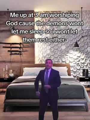 A man in a suit stands in front of a bed, framed in a bedroom setting. Text overlays the image, conveying a message about worship. The background features a textured wall and decorative elements, while the man's expression suggests a determined or perhaps slightly humorous stance.