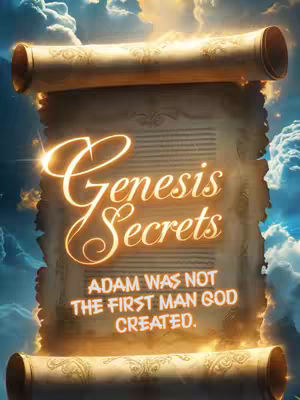 The cover image shows a digitally created scroll with the title "Genesis Secrets" in a glowing, gold-like font. Beneath it is the text "Adam Was Not The First Man God Created." The background is a stylized sky with clouds and a soft lighting effect.